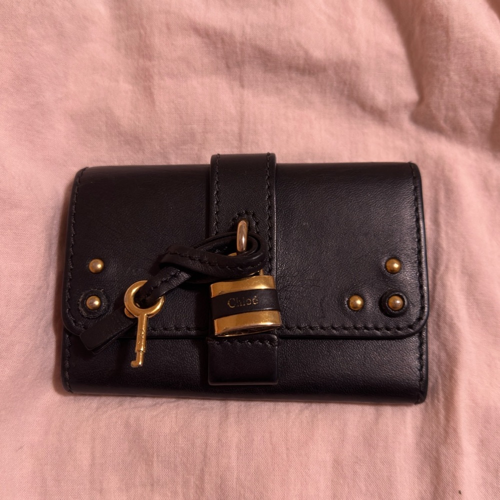 Chloé Paddington Black Leather Key Pouch Wallet with Gold Accents